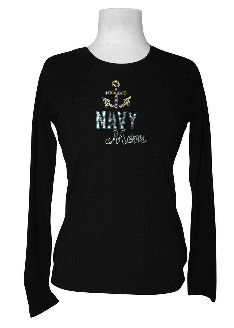 Navy Mom Rhinestone Long Sleeve Tee