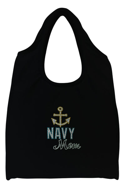 Navy Mom Full-Size Rhinestone Logo Tote Bag
