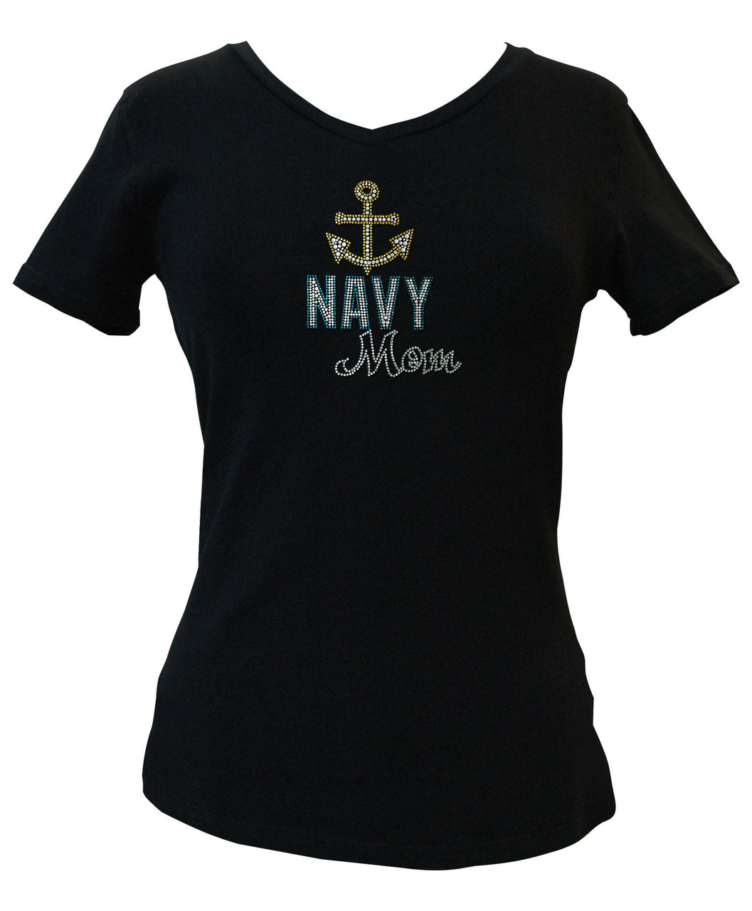 Navy Mom Rhinestone V-Neck Tee